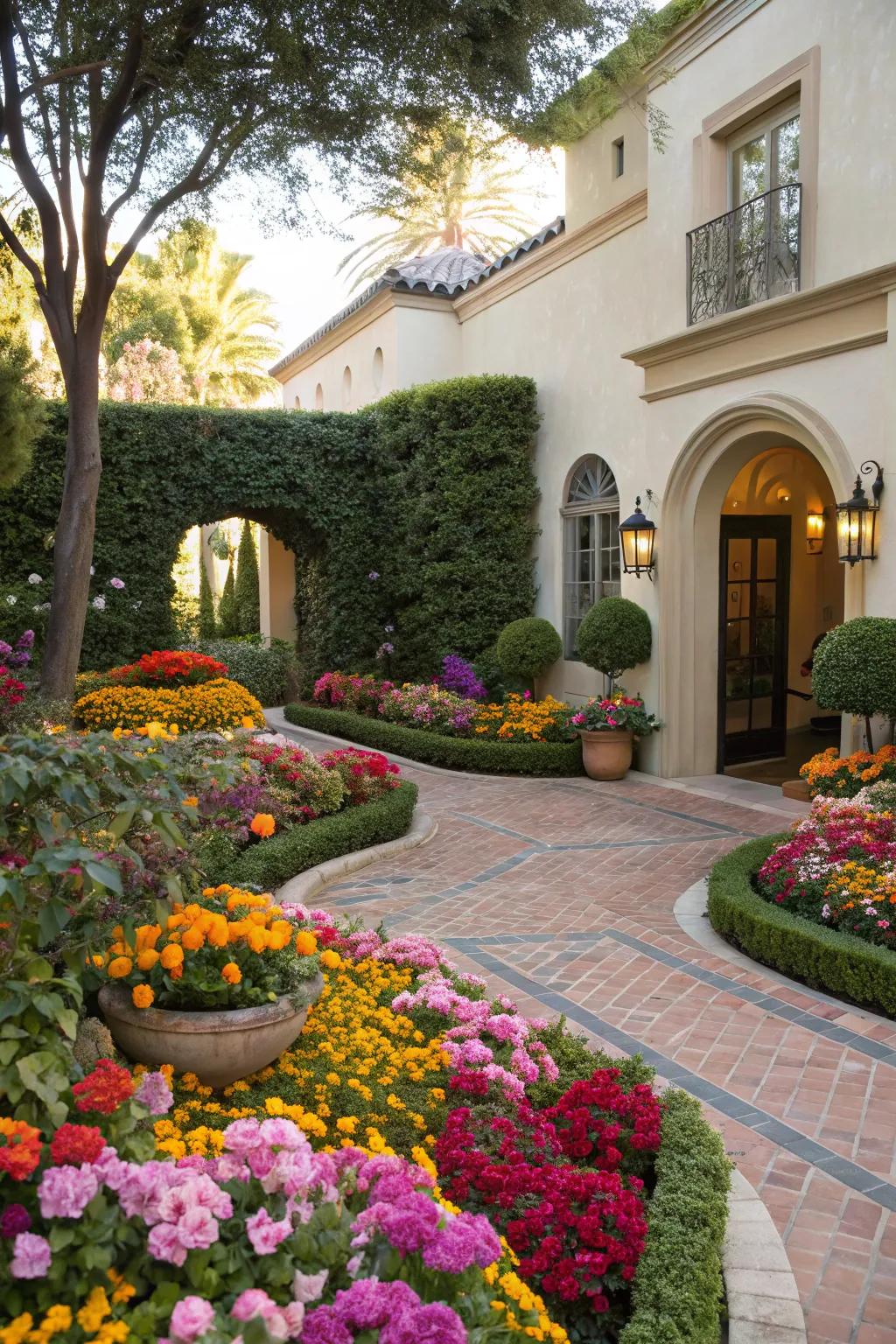 Seasonal blooms contribute vibrant color within the courtyard.