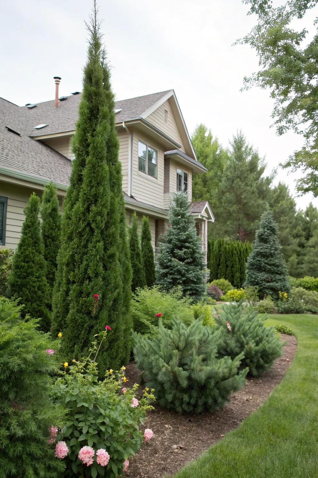 Base plantings highlight the architecture of the house.