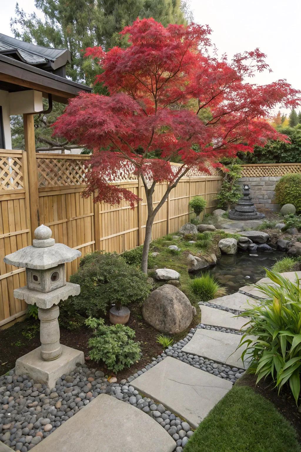 A Japanese-inspired garden featuring a Japanese maple cultivates a peaceful and harmonious space.