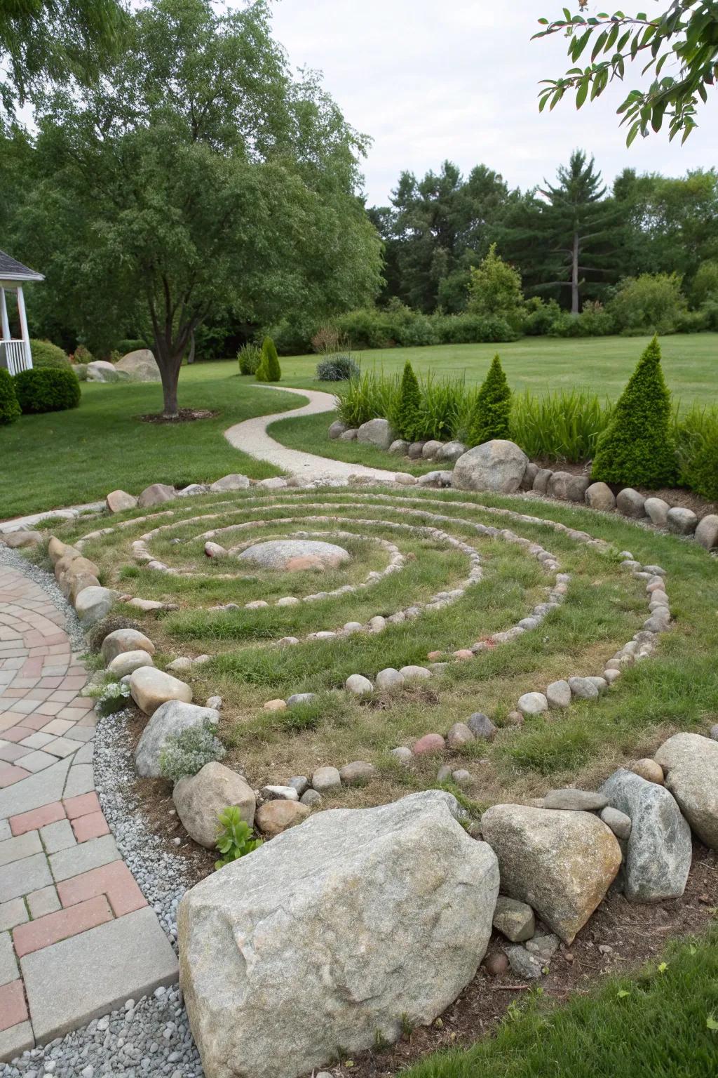 A stone maze delivering a whimsical and meditative element in a garden.