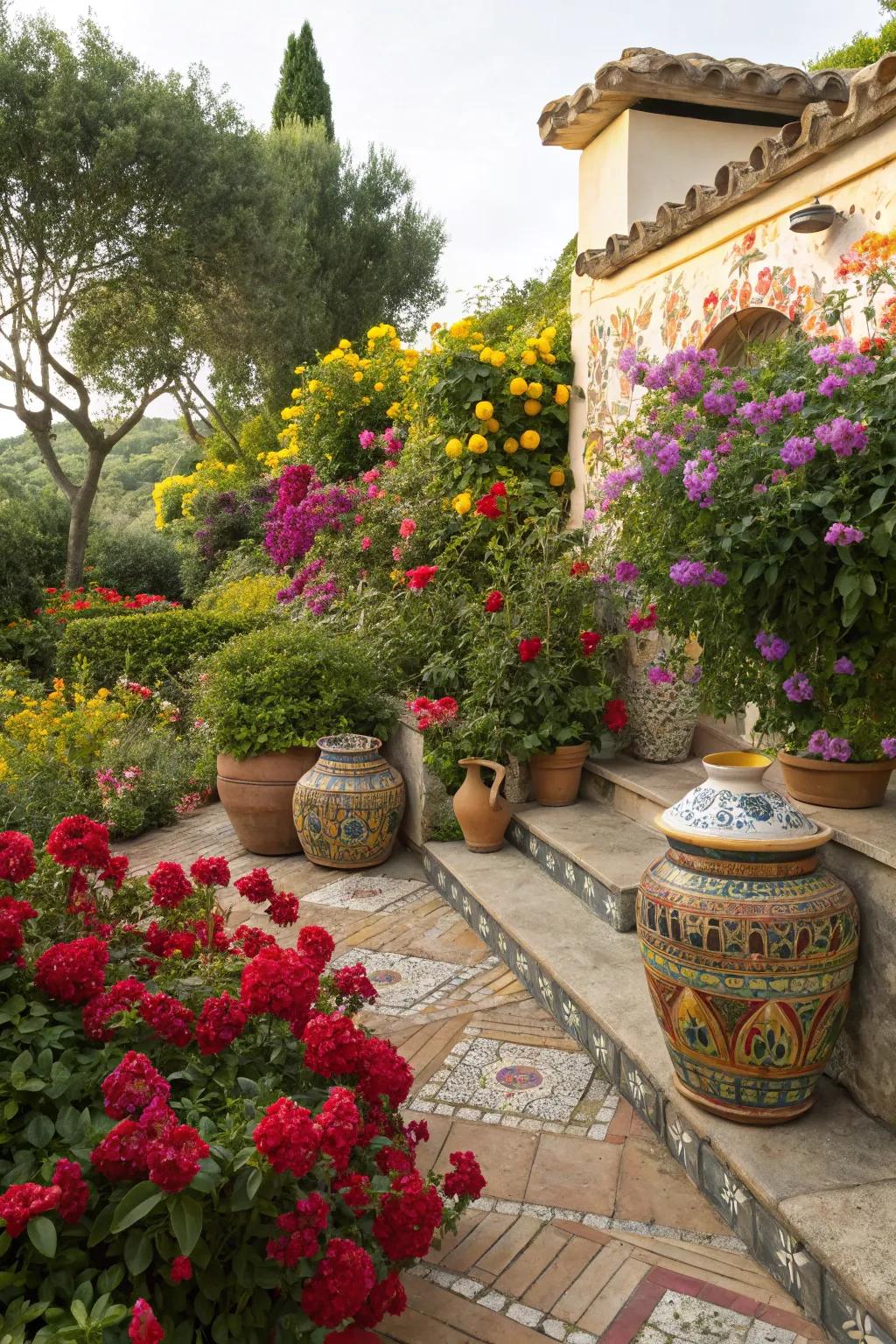 Bright colors add a cheerful and lively atmosphere to this front garden.