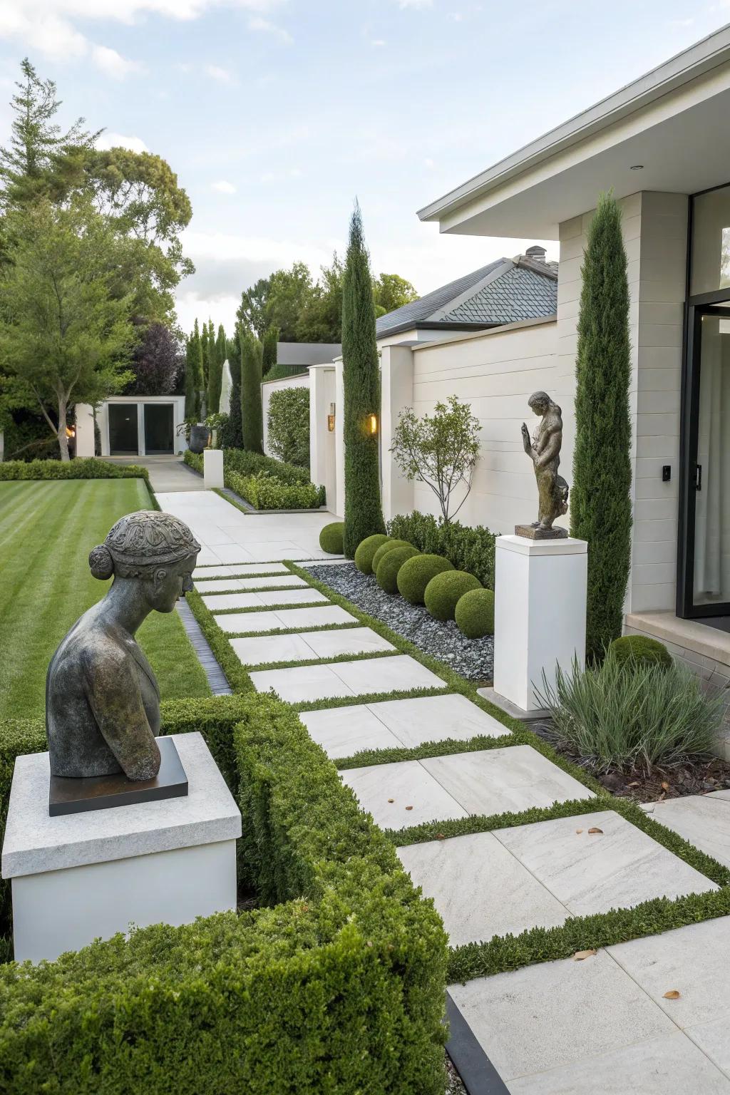 Artistic components serve as focal points in contemporary landscapes.