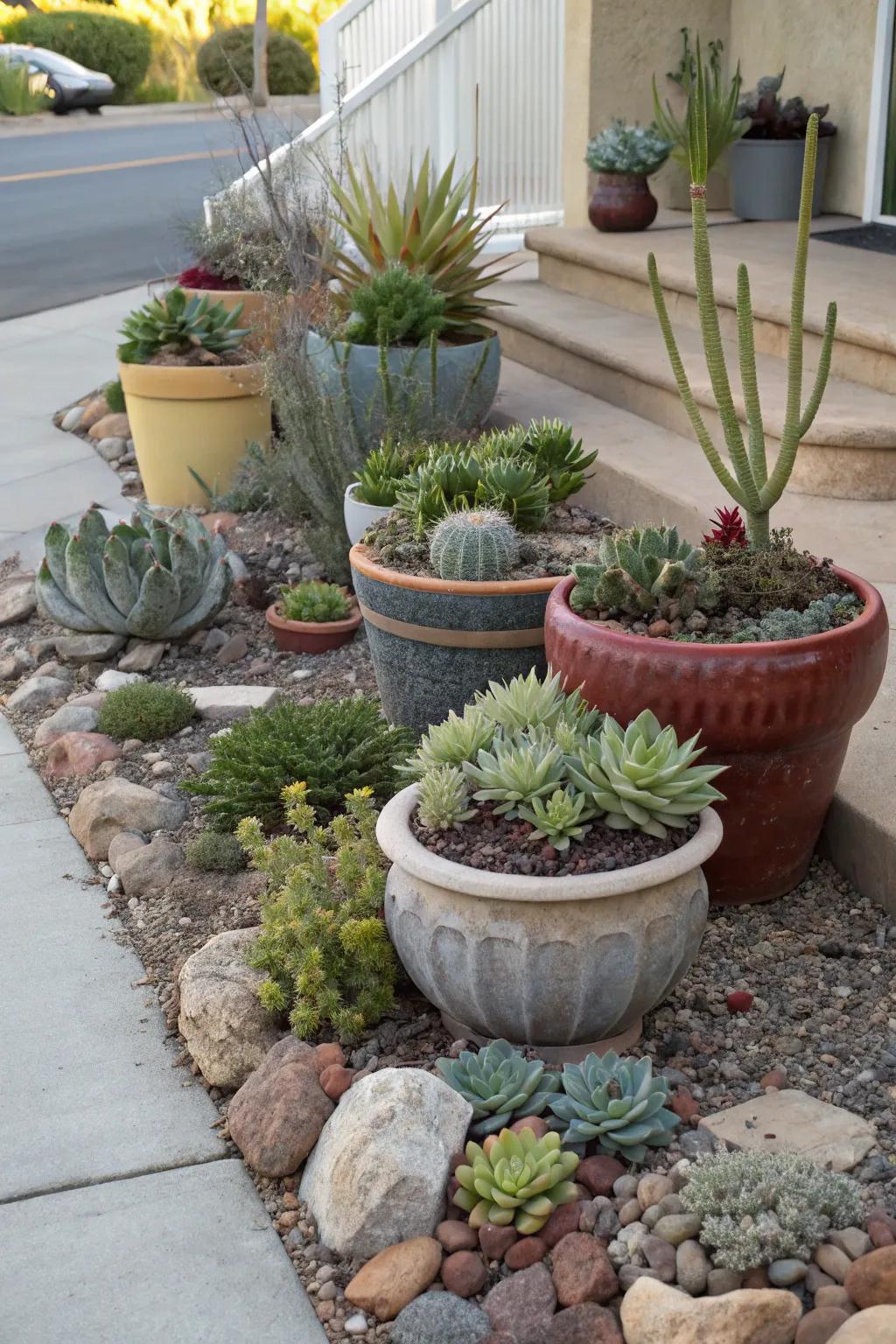 Succulents grown in containers offer adaptable charm and variety in xeriscapes.