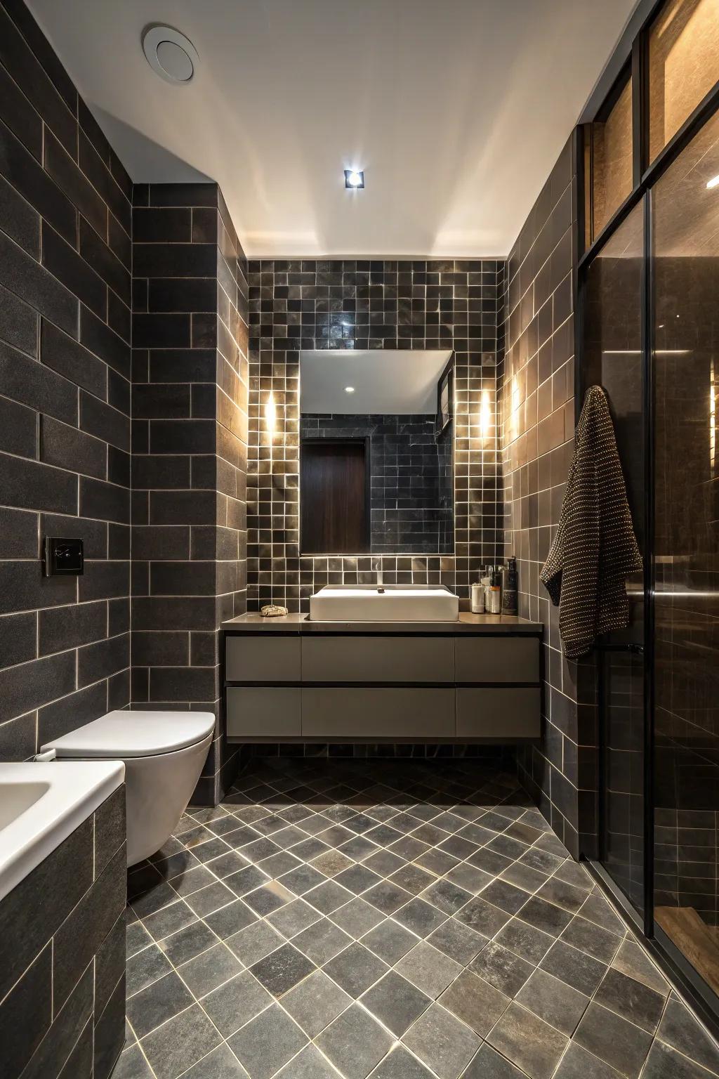 Floor-to-ceiling tiles produce a dramatic and harmonious presentation.