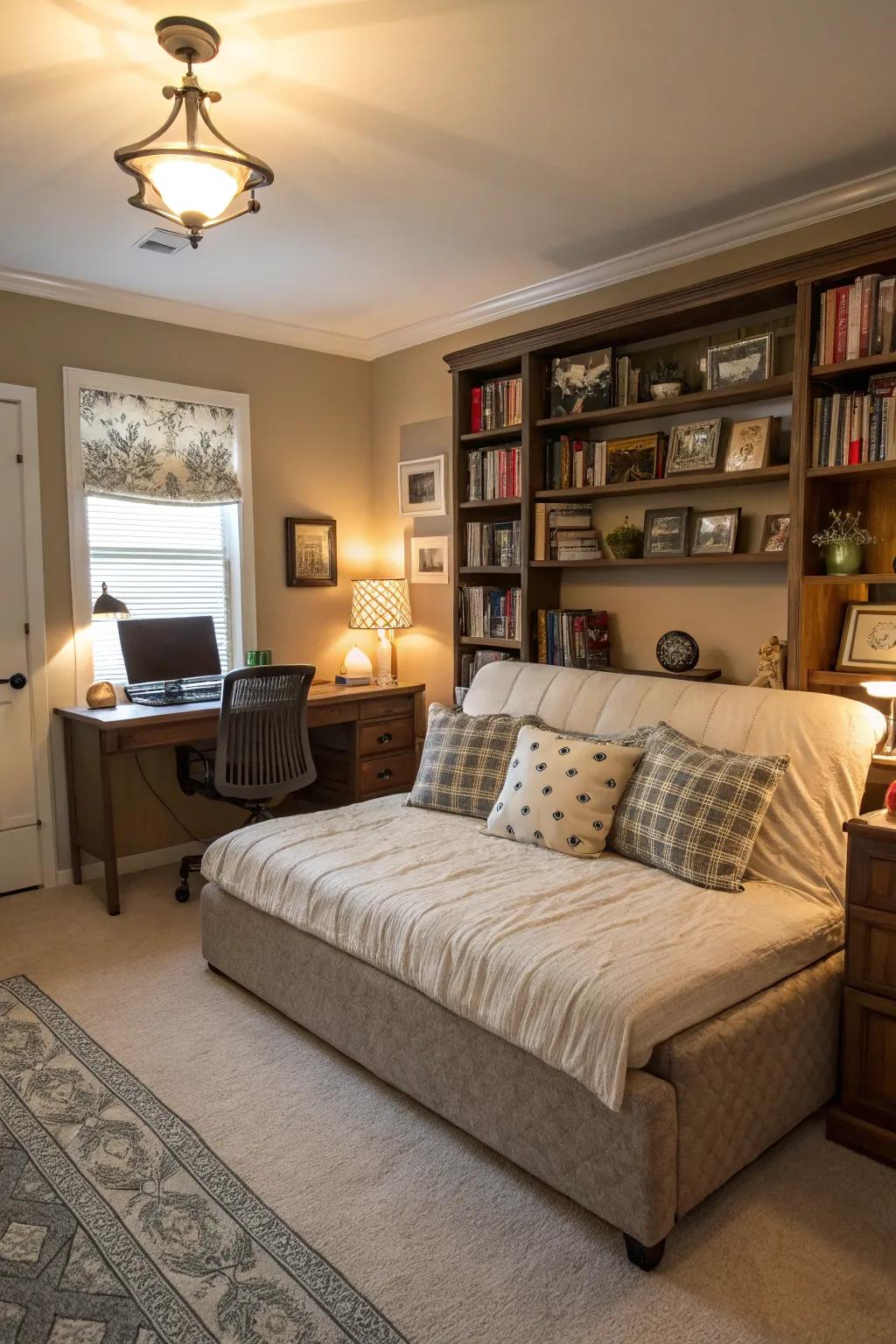A convertible daybed provides flexibility for hosting guests.
