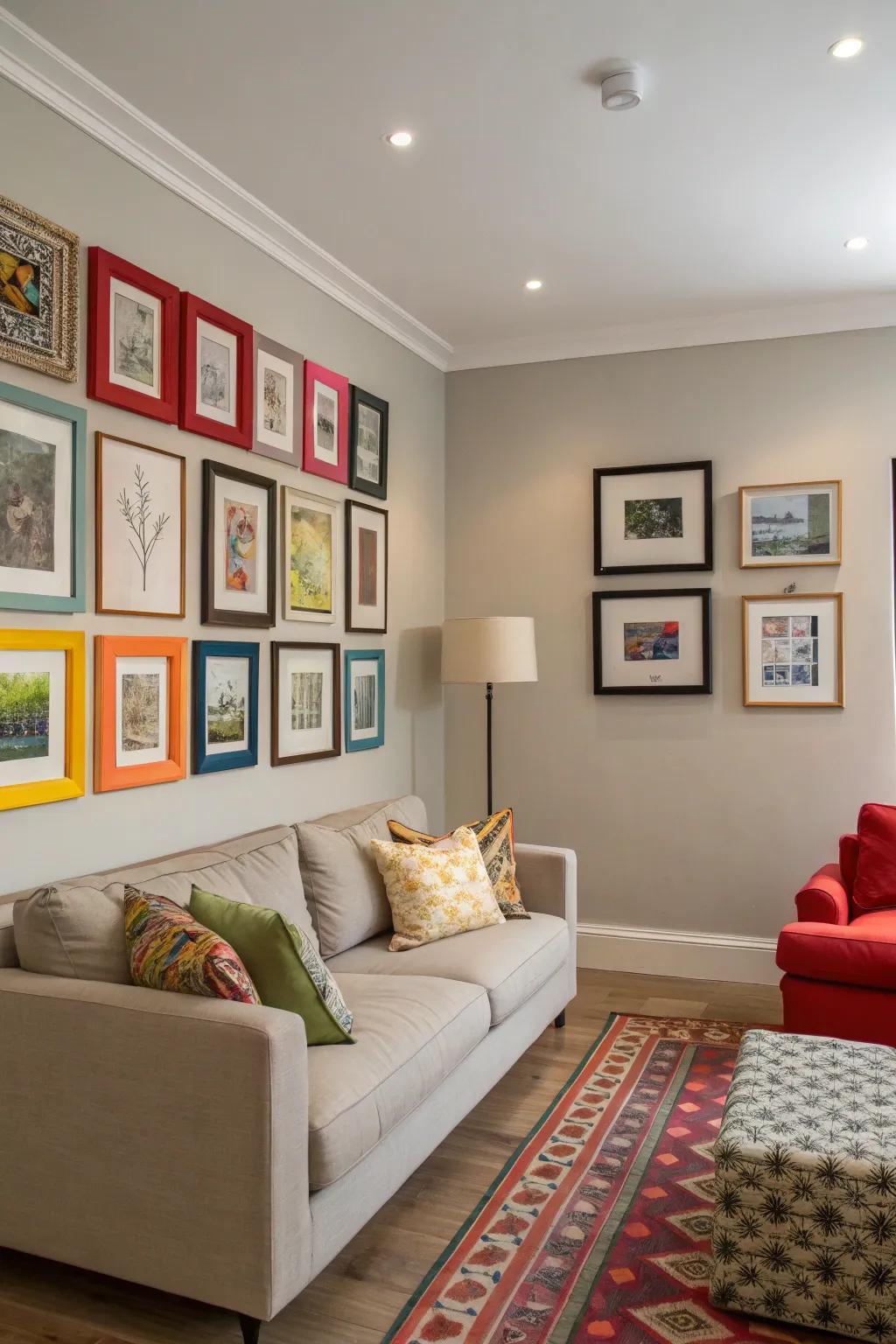 Color injection with vibrant frames adds zest to a neutral interior.