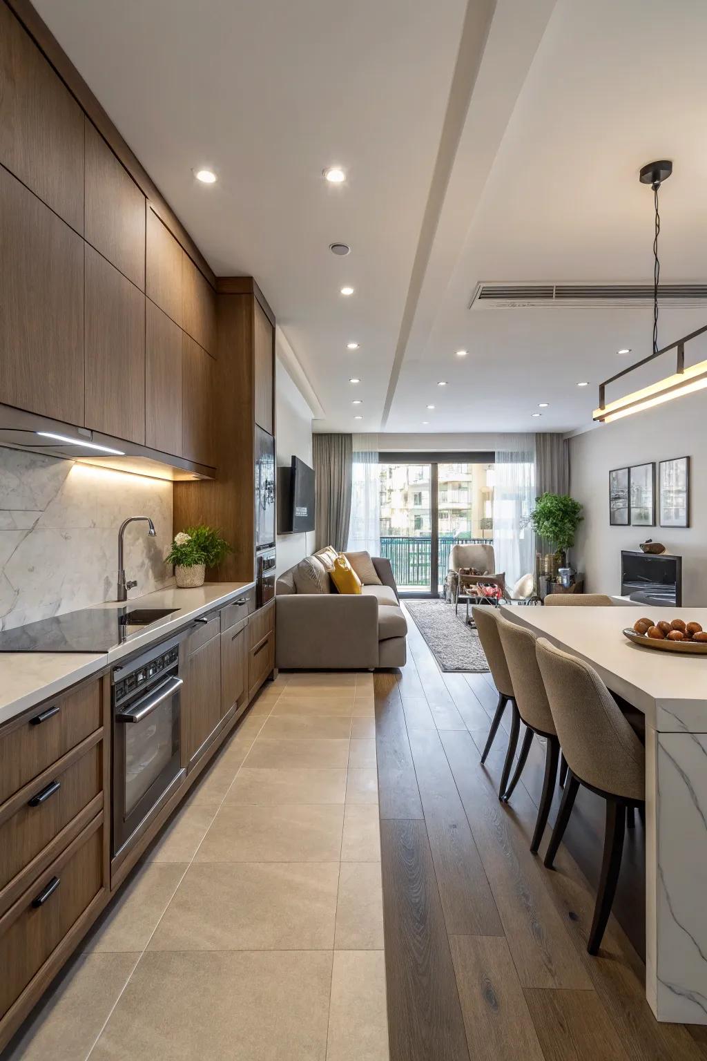 A serving bar balances function and style between spaces.