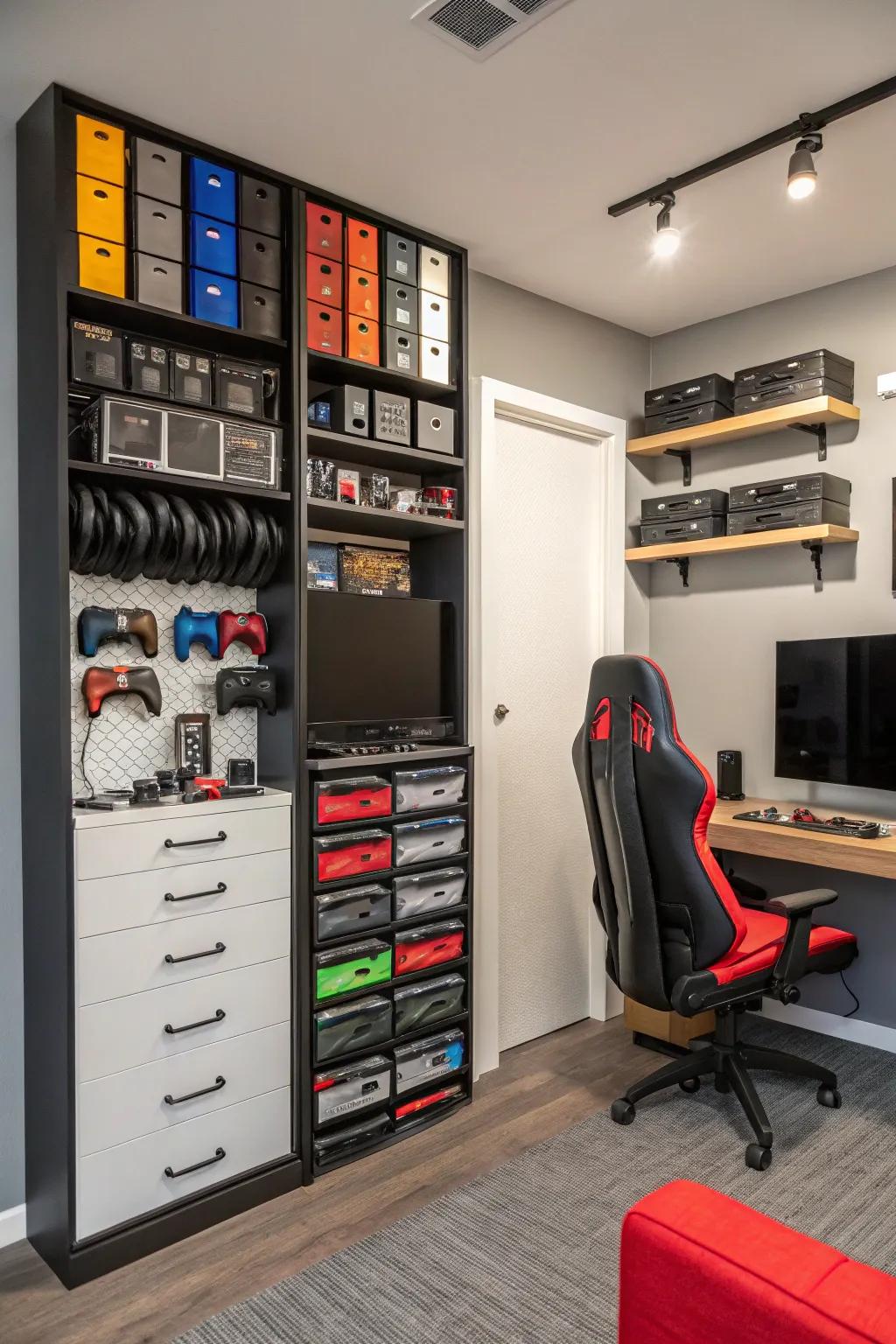 Upright storage retains equipment arranged moreover reachable.