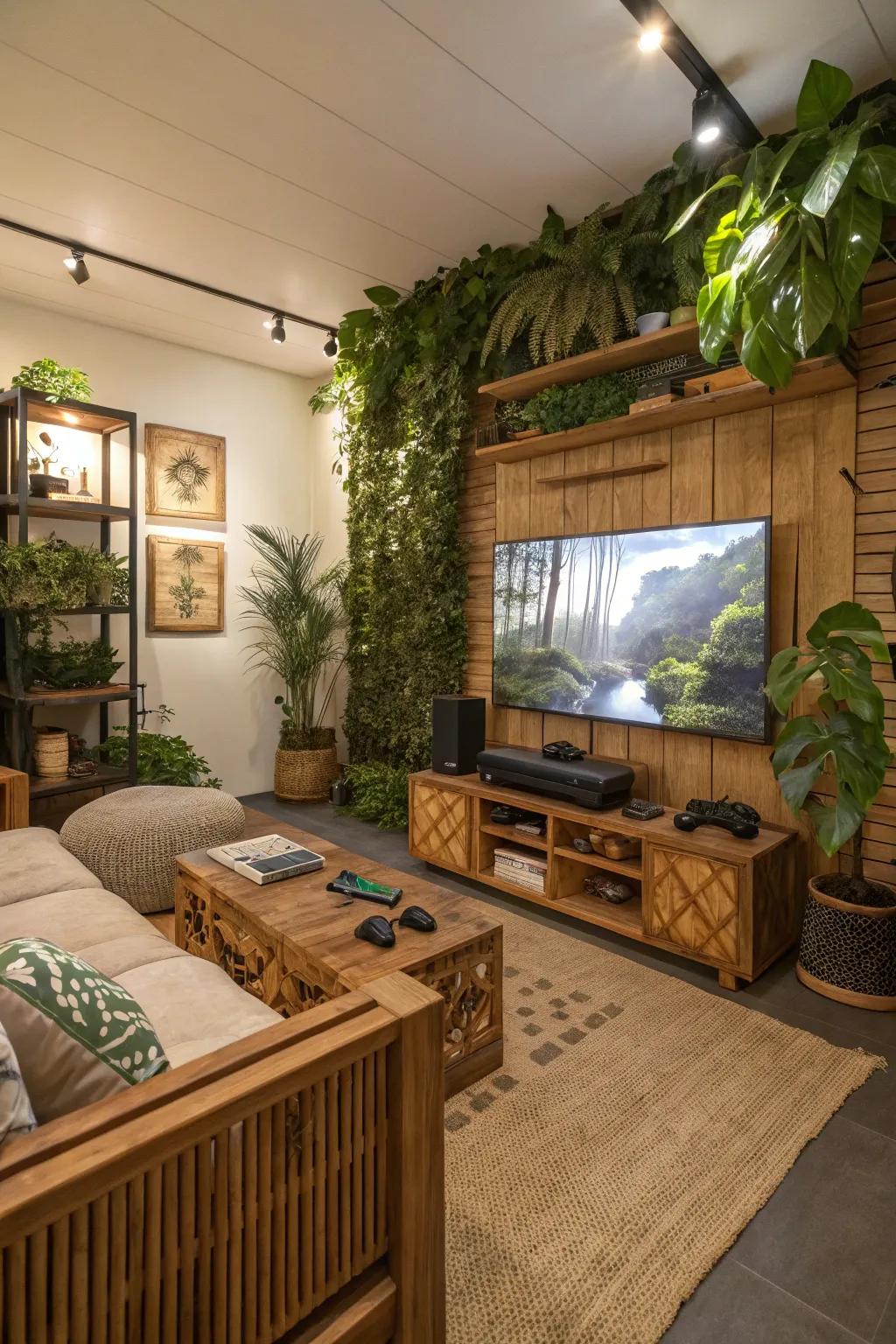 Natural elements contribute warmth and balance to your gaming setup.