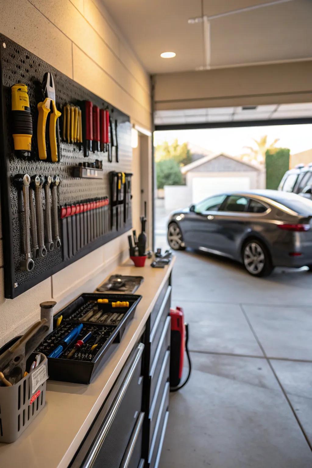Magnetic baseboards provide a practical solution for tool storage.