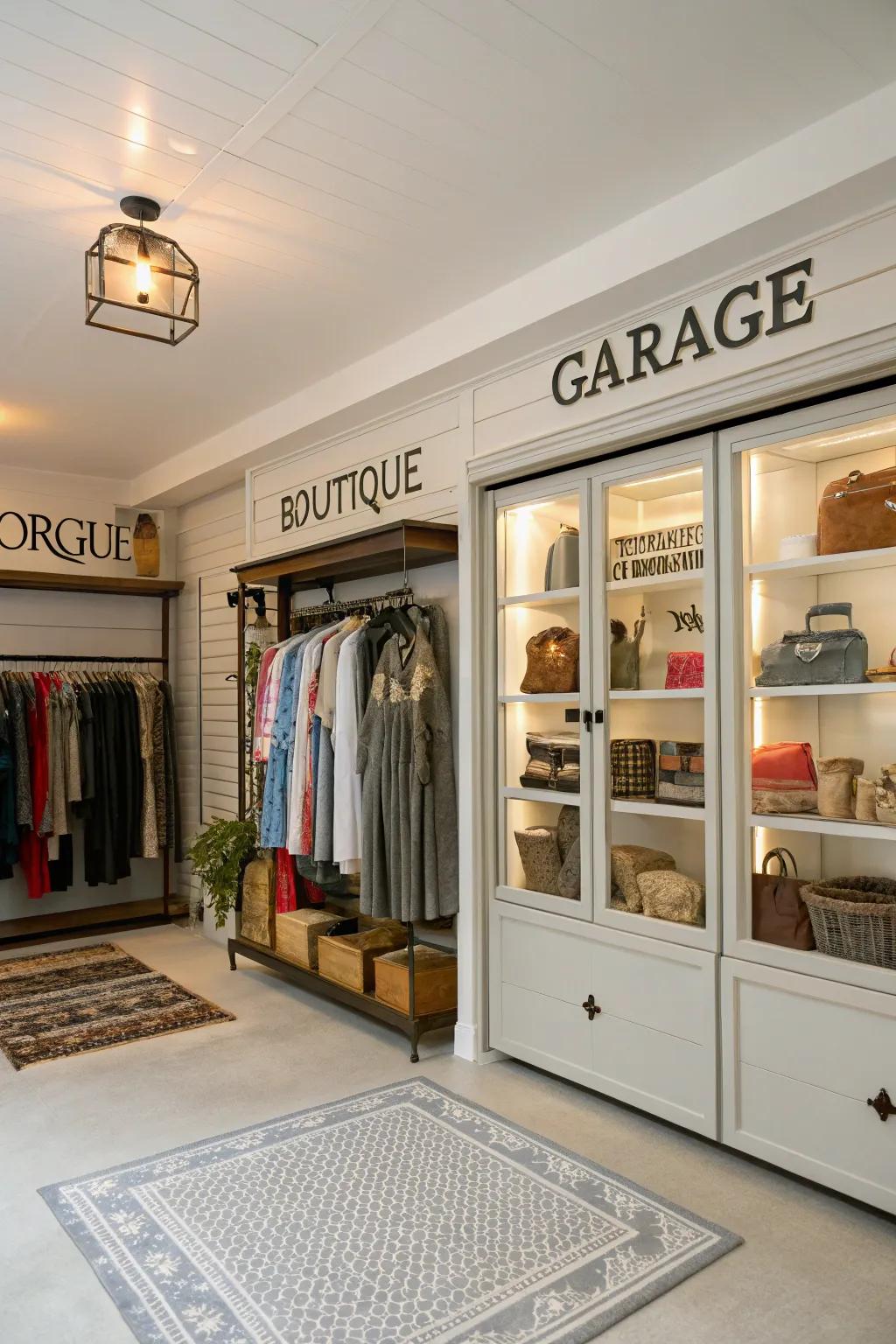 Organized sections for different product lines inside a garage boutique.