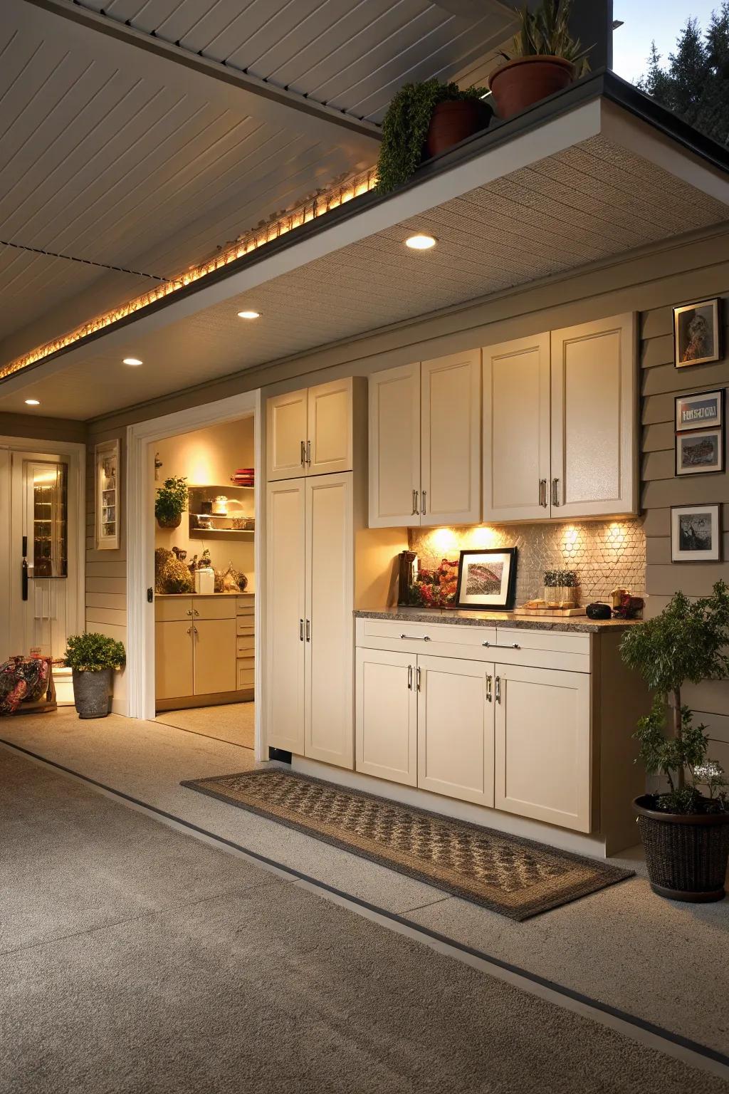 Sandstone fixtures offer a warm, neutral foundation.