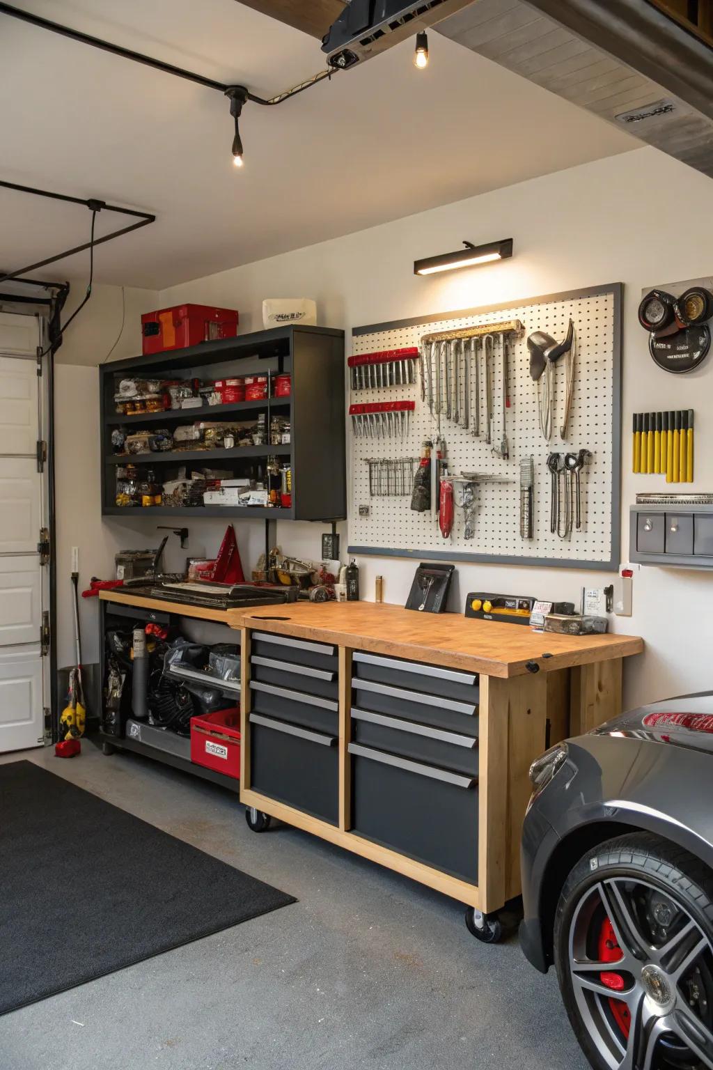 A well-organized DIY workshop corner in your man cave.