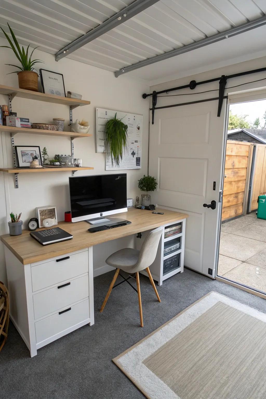 Merge work and play with a home office and TV setup in your garage.