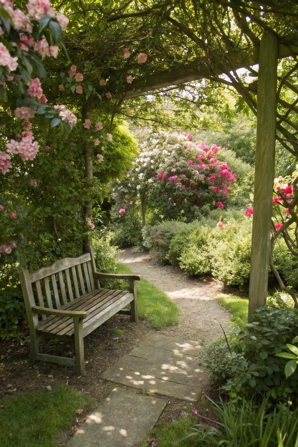 A secret garden corner with a lounger hidden behind rich flowering shrubs.