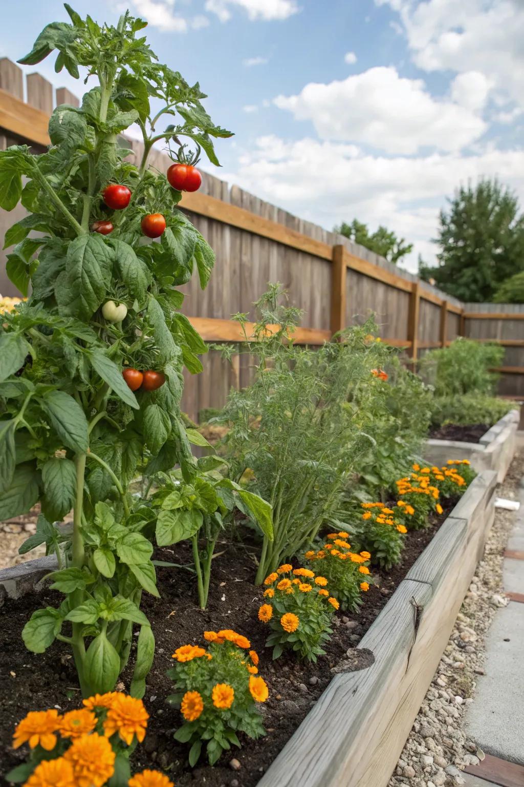 A partner planting garden with tomatoes, basil, and marigolds.