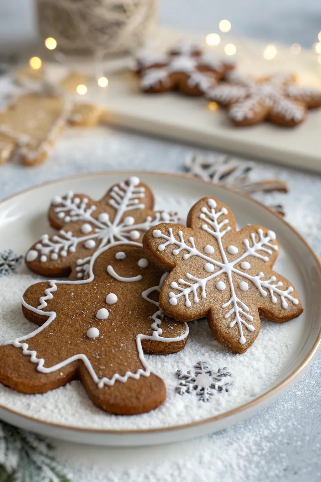 Snowflake-adorned gingerbread figures ideal for winter commemorations.