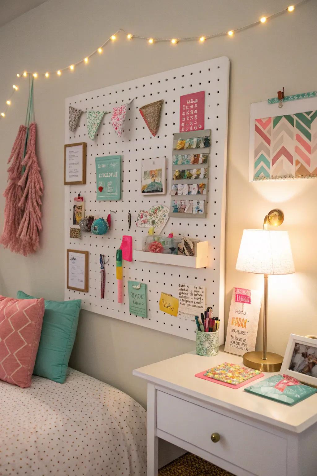 An interactive pegboard offers creative organization solutions.
