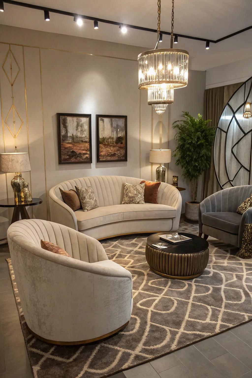 A relaxed living space with curvaceous furniture enhancing beauty.