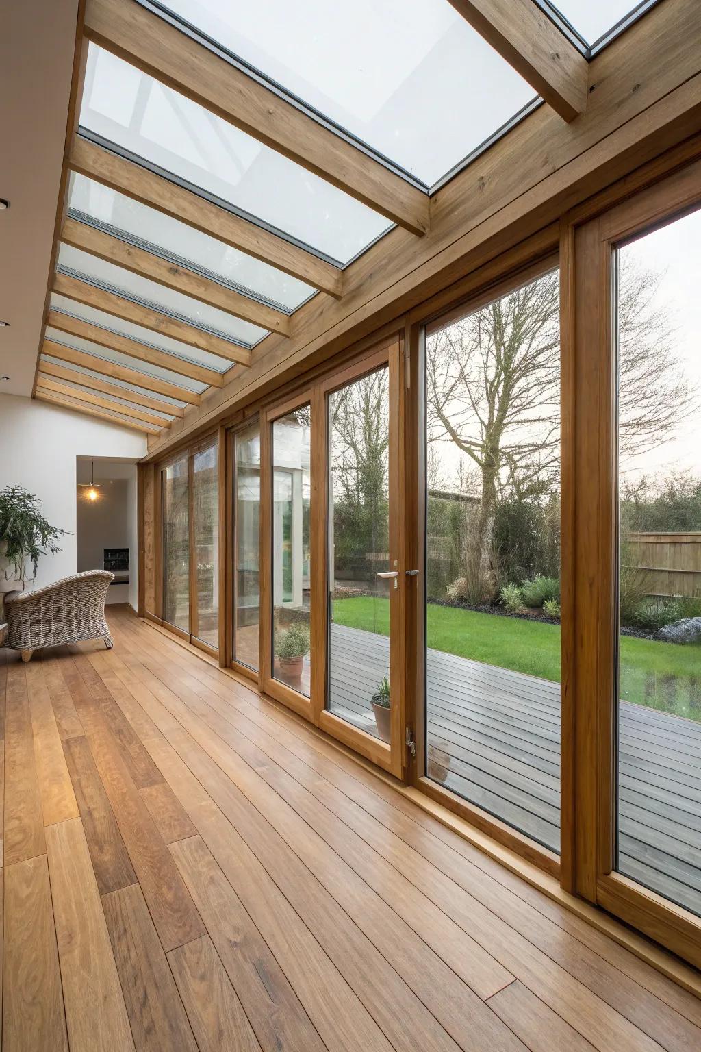 Natural timber elements that bring warmth to a glass extension.