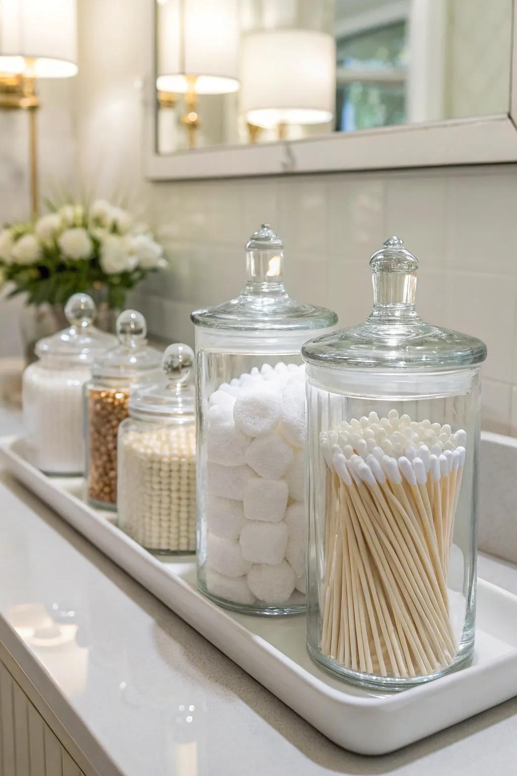 Containers neatly arrange and elevate washroom essentials.