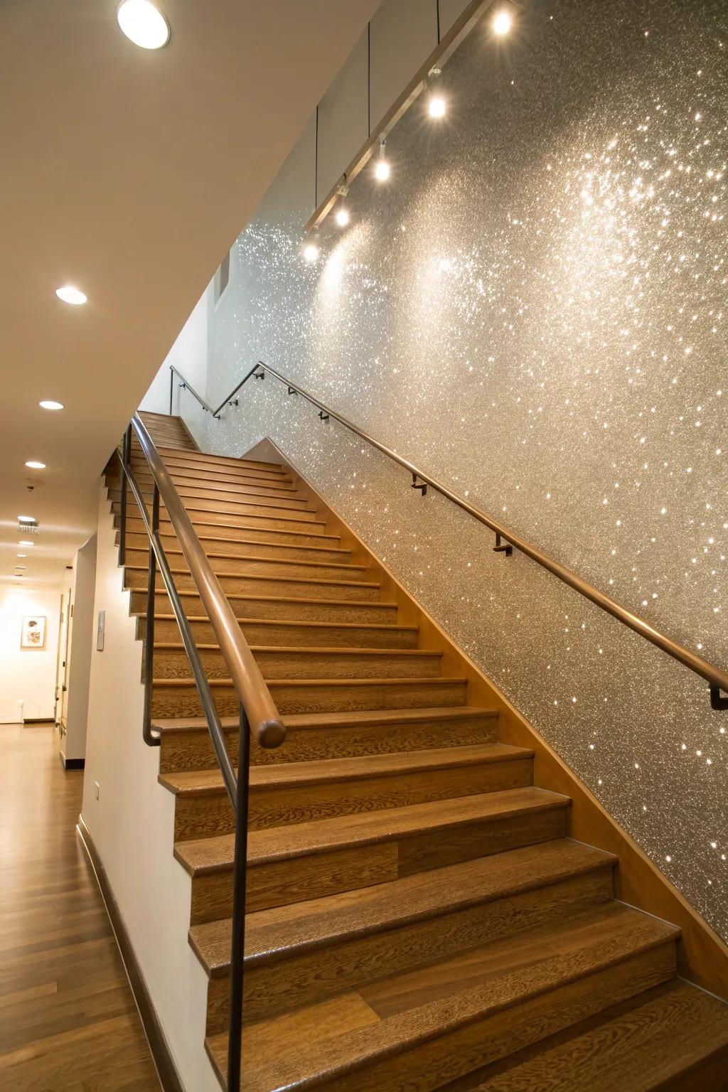 A sparkling wall makes a statement on a staircase.