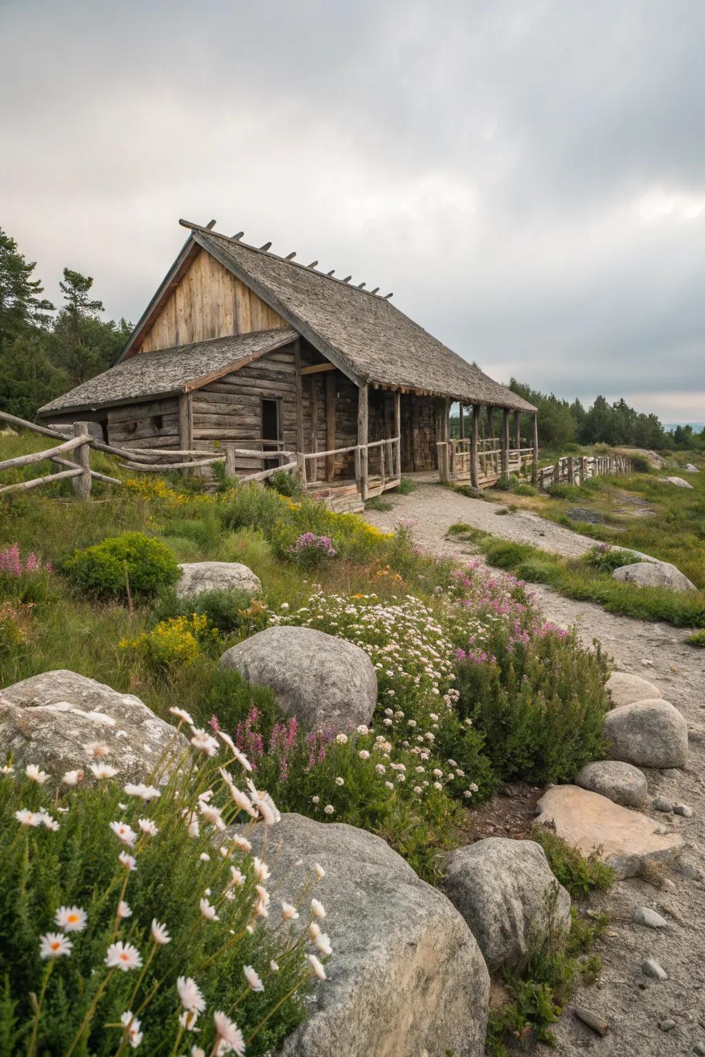Well-considered landscaping enhances this goat shelter's appeal.