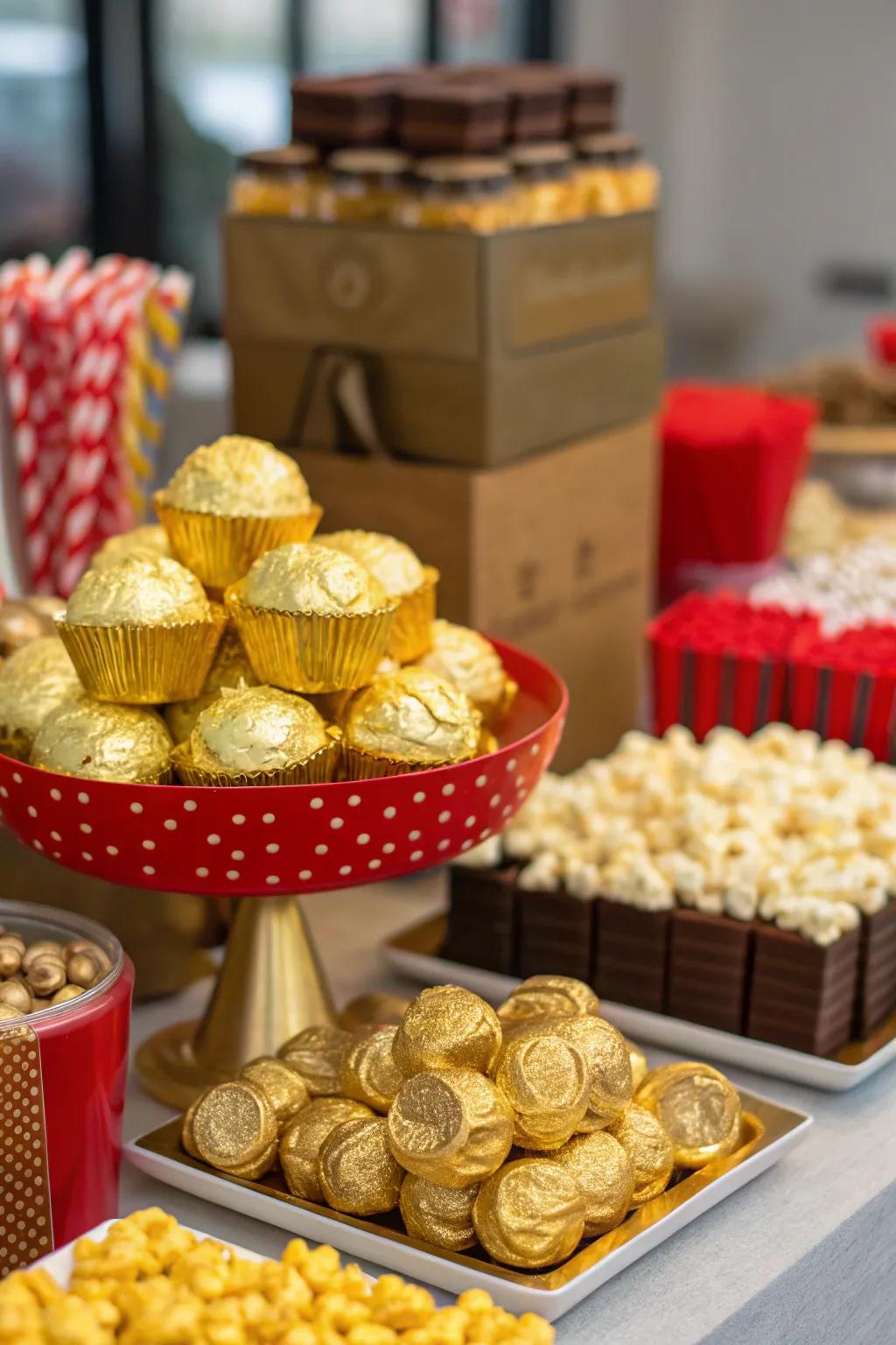 A tempting golden snack table for guests to indulge in.