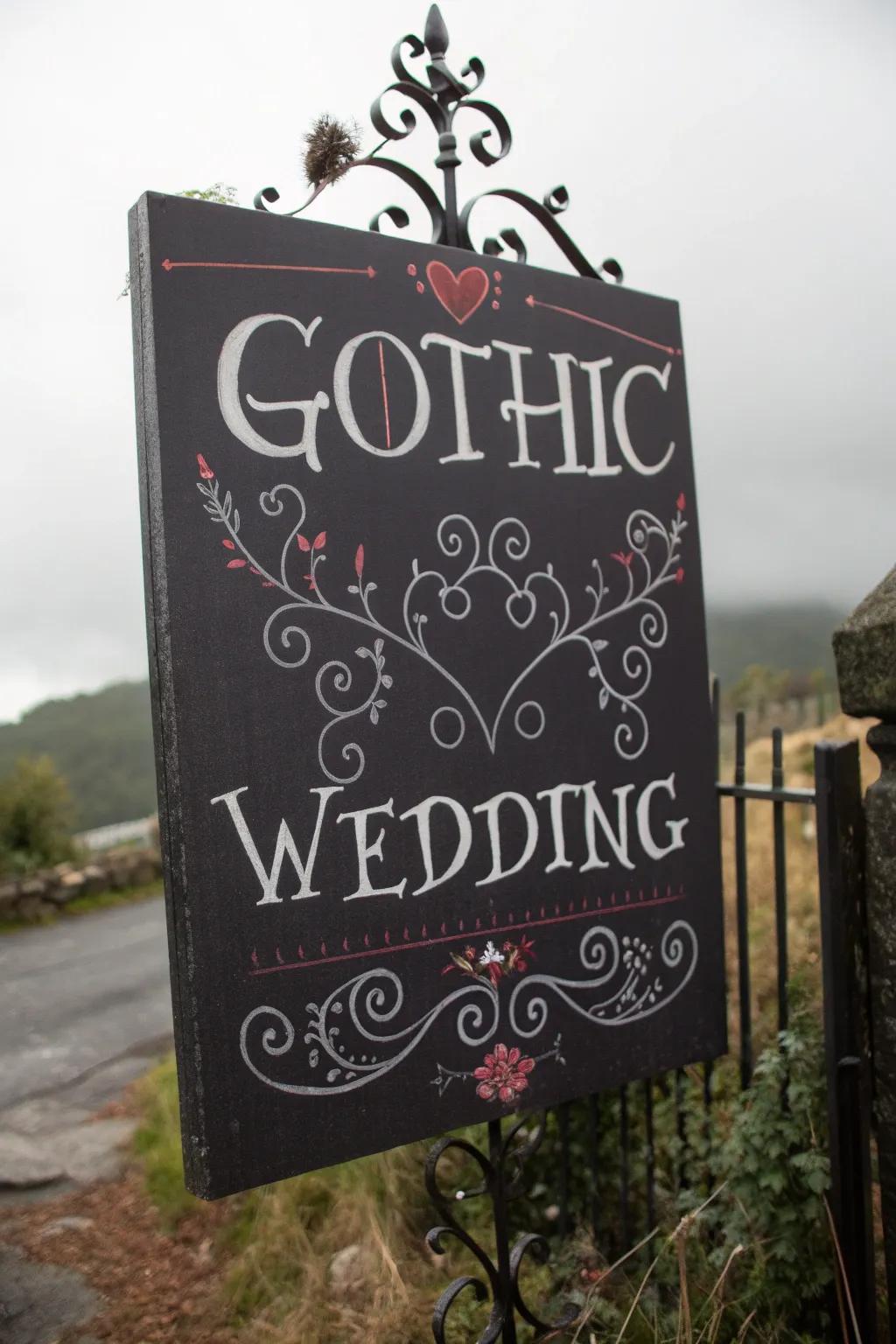 Gothic wedding signage featuring whimsical quotes.