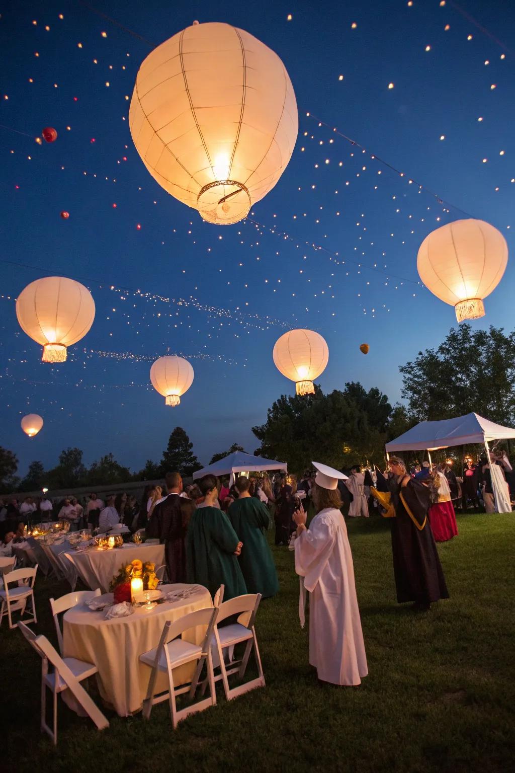 Glowing balloon lanterns provide soft lighting at an outdoor gathering.
