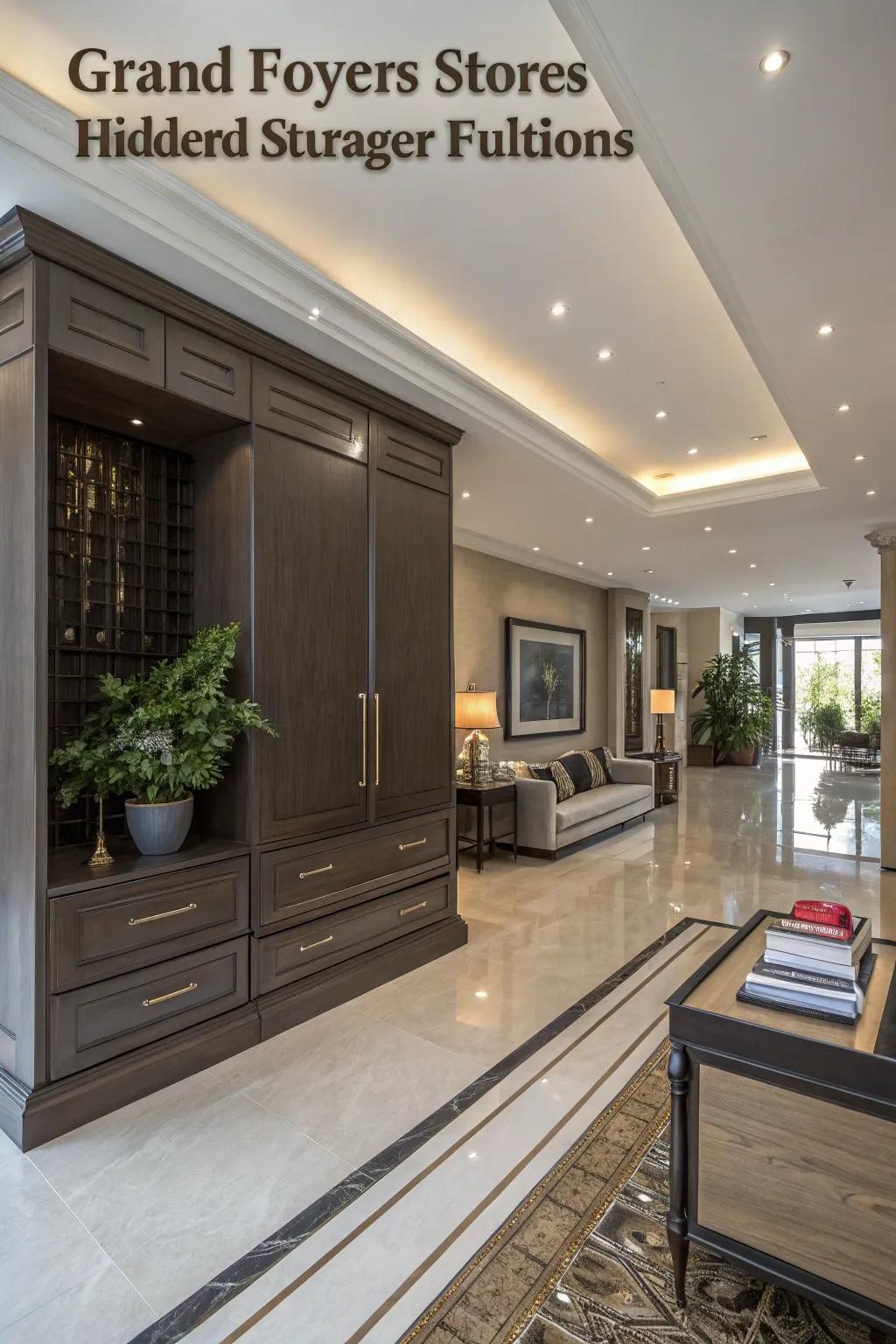 Hidden storage solutions keep a grand foyer tidy and organized.
