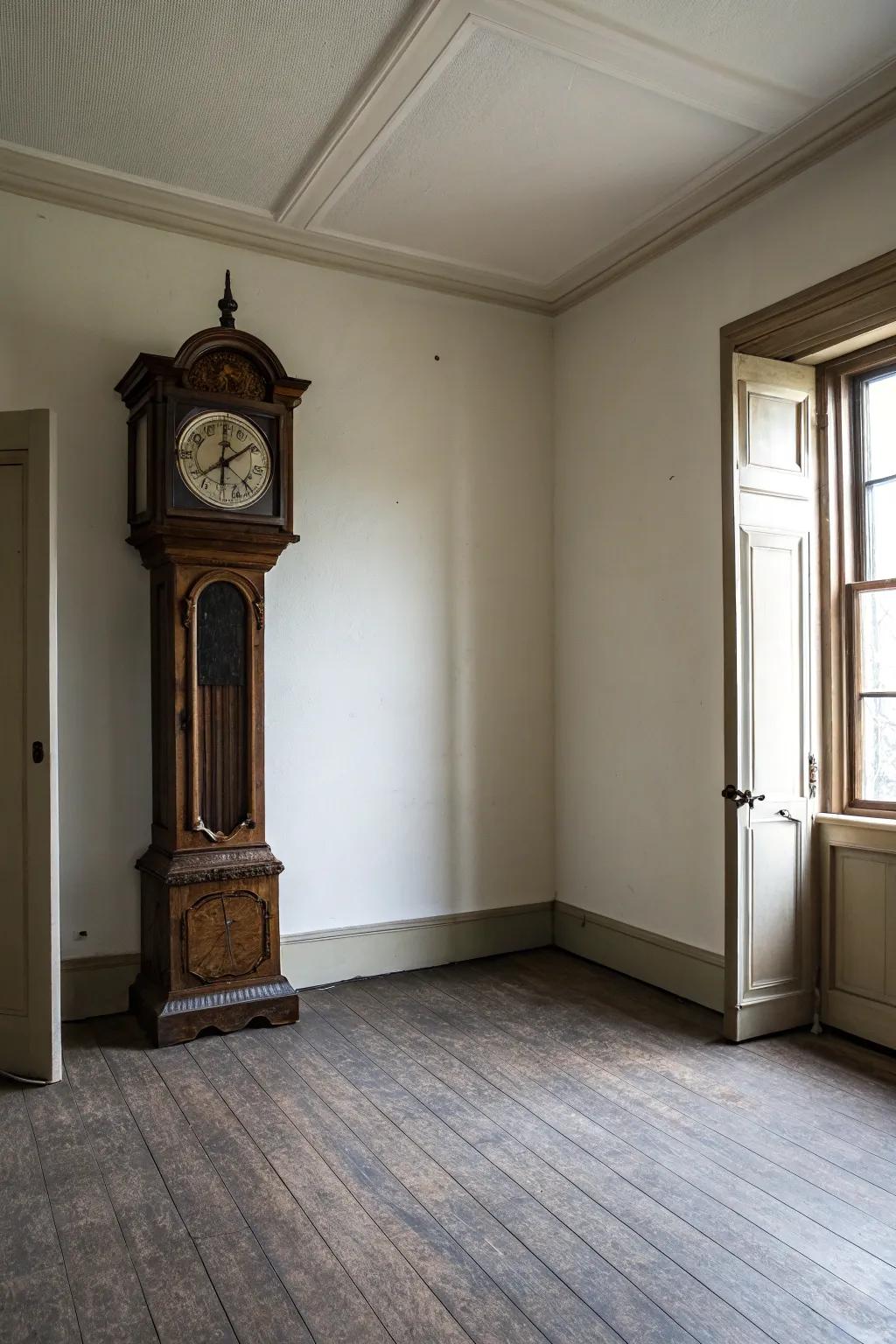 A time-honored timepiece stands out as a statement piece in a minimalist space.