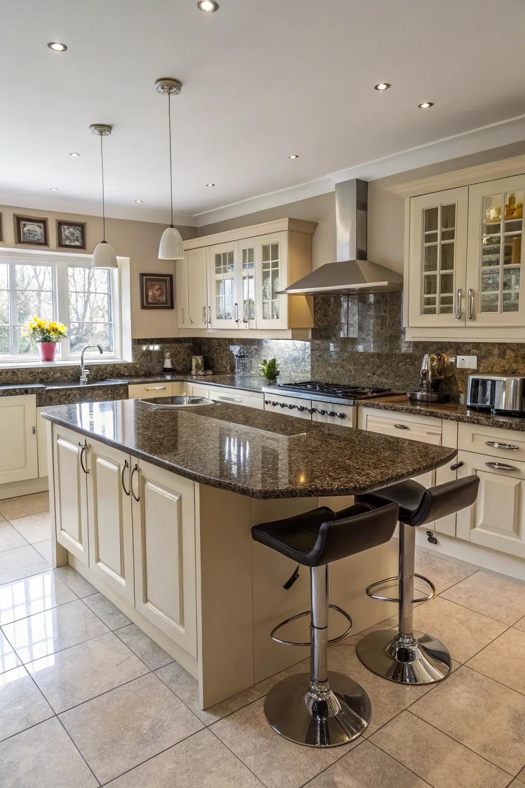Bespoke-shaped granite countertops offer a personalized kitchen design.