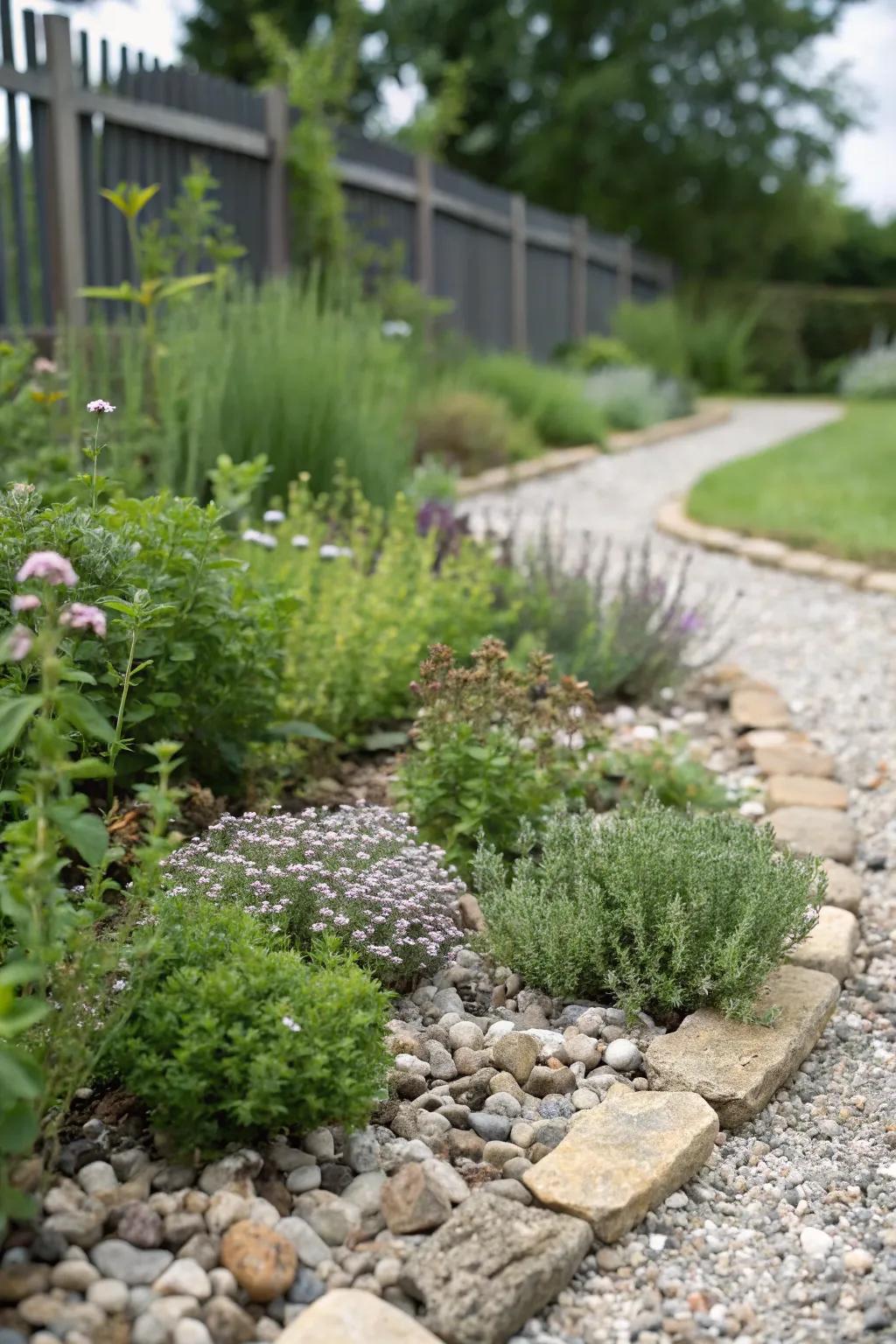 A fragrant herbal pebble flower bed