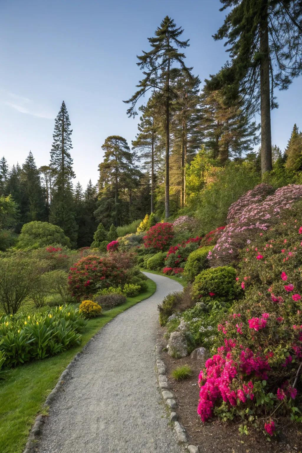 A whimsical gravel path winding through a garden