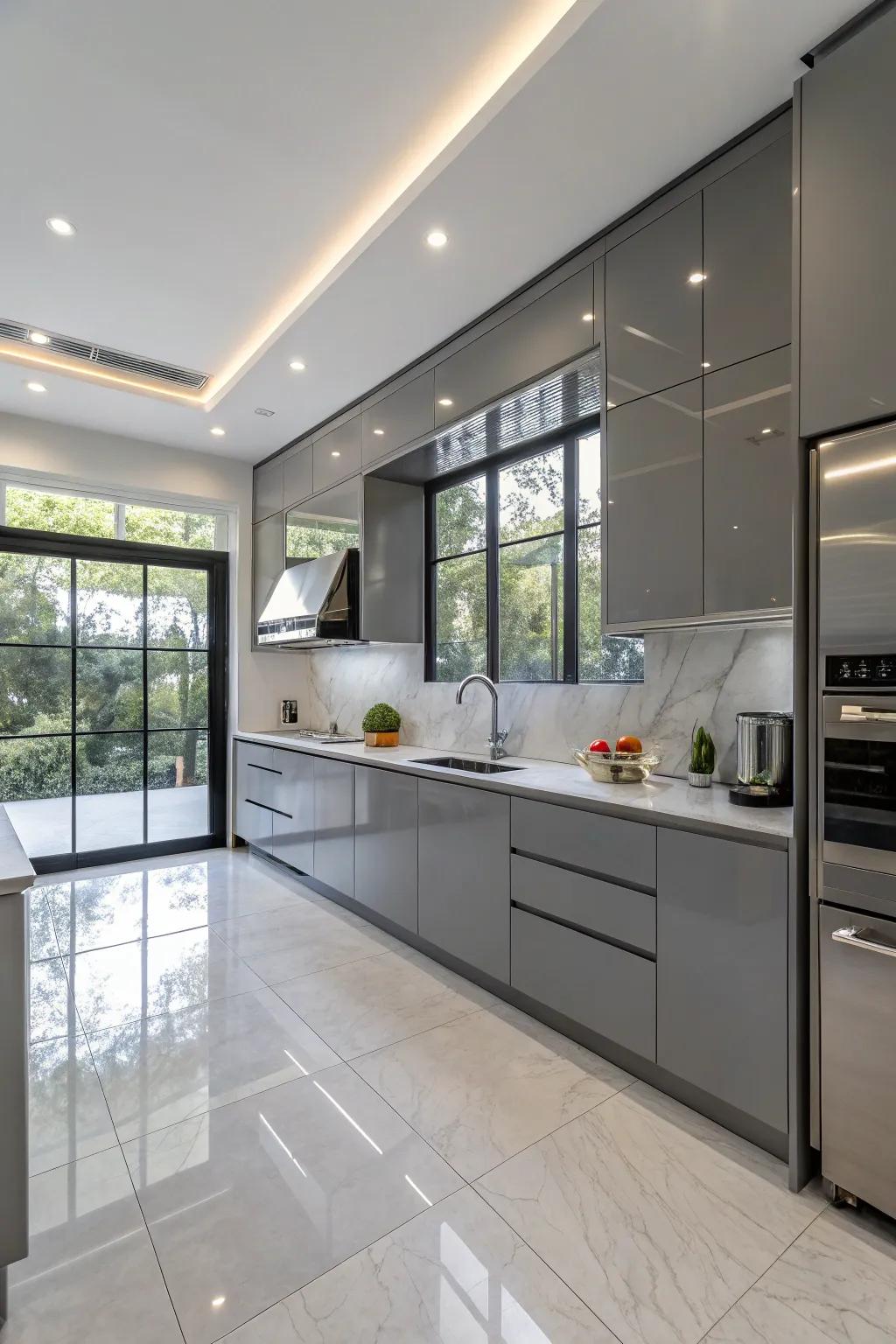 Brilliant finish gray cabinets inject a sleek, modern vibe.