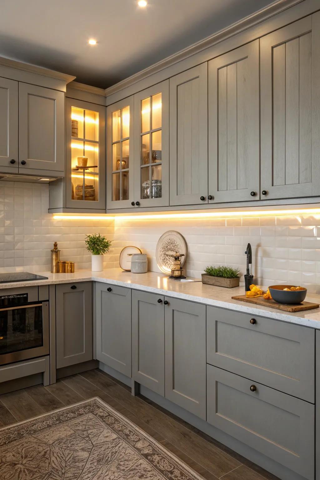 Smooth gray cabinets exude understated elegance in this kitchen.