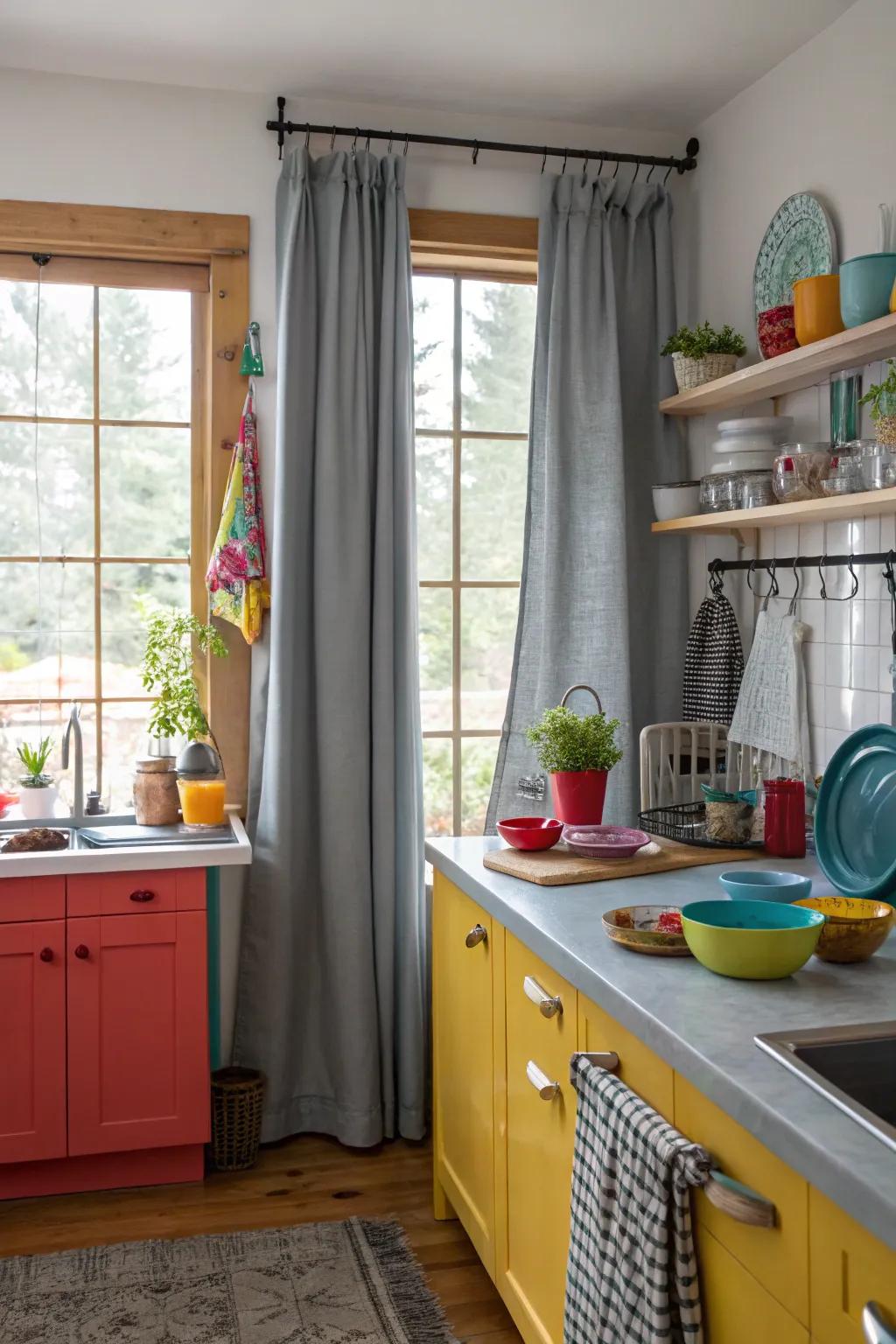 Ash drapes with a burst of color from vibrant cooking space accessories.