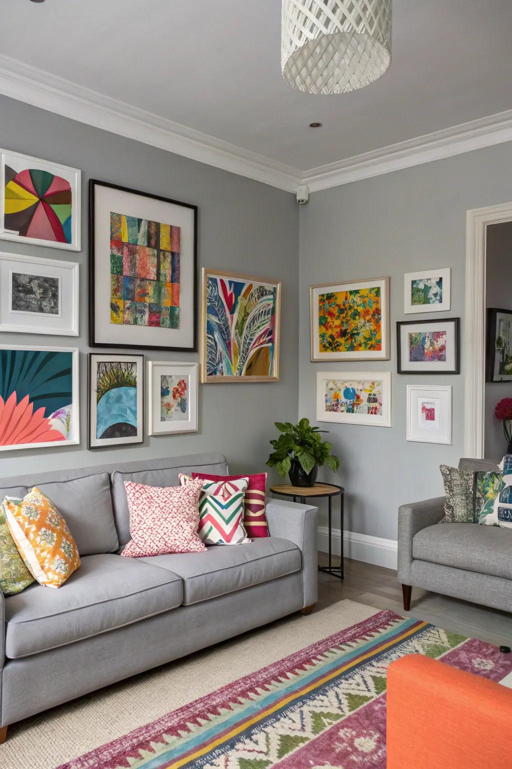 Artwork injects vitality and individual flair to the gray setting.