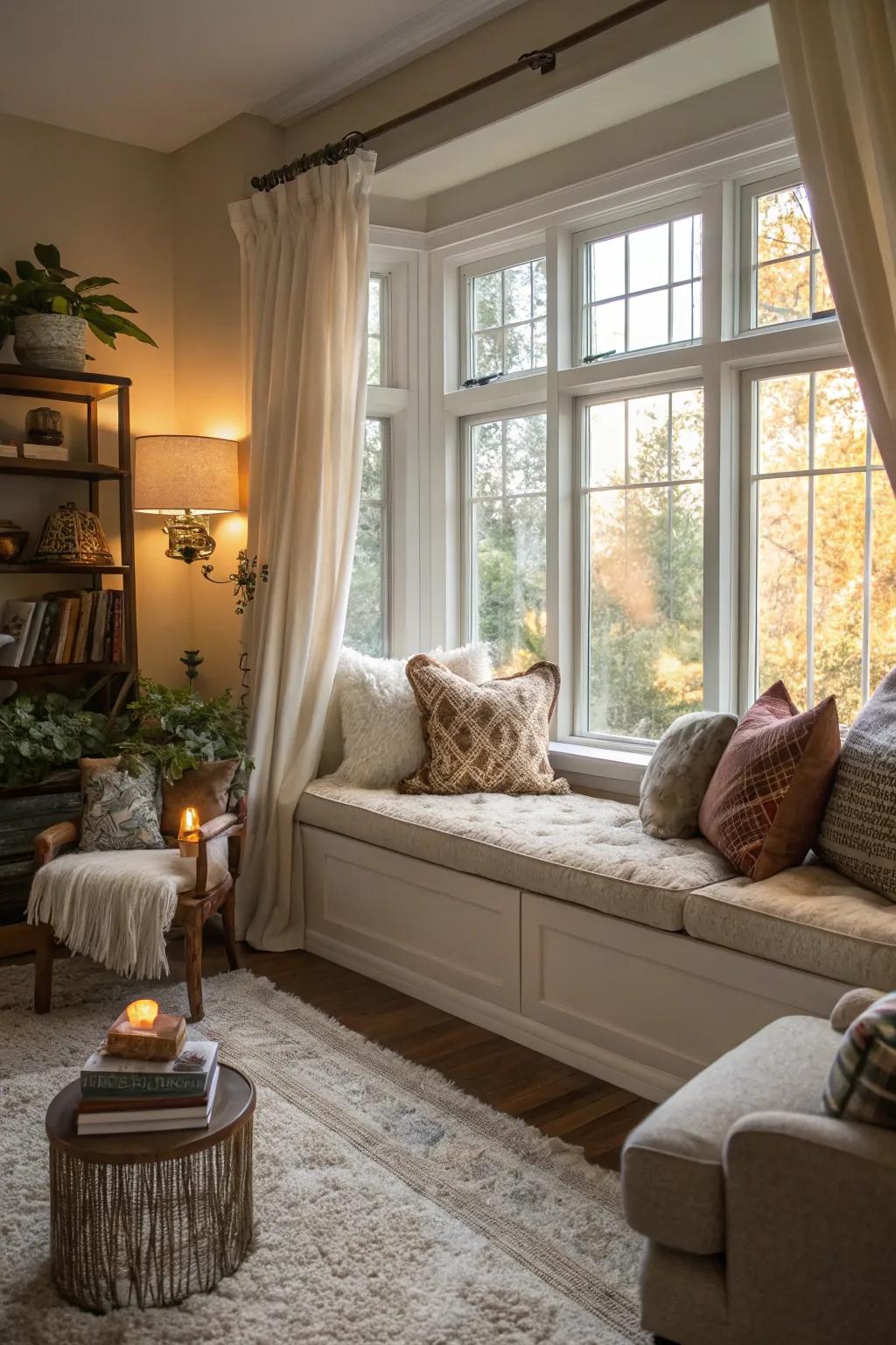 A comfortable window seat invites relaxation within this delightful living area.