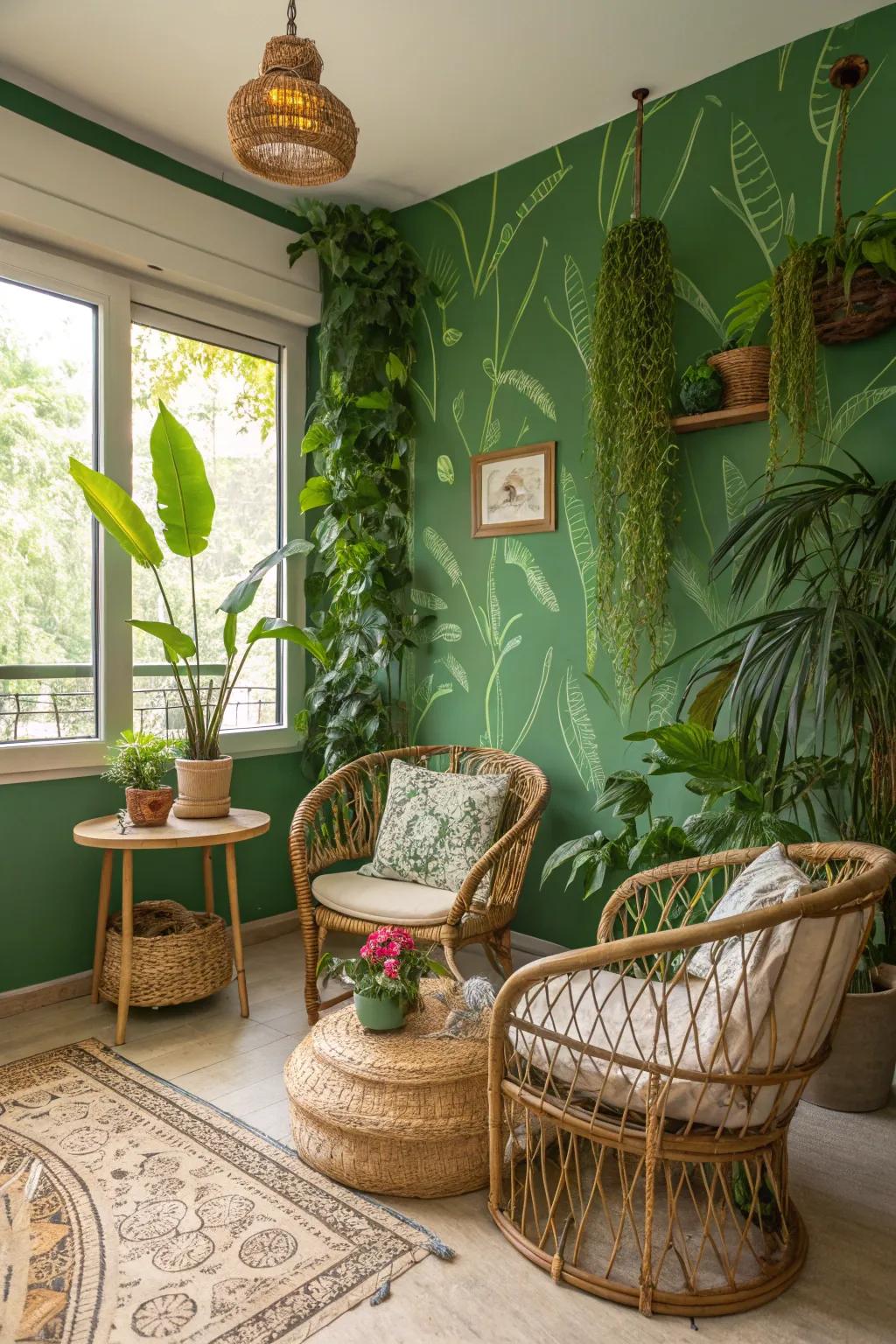 The indoors becomes a tropical getaway with jungle green walls.