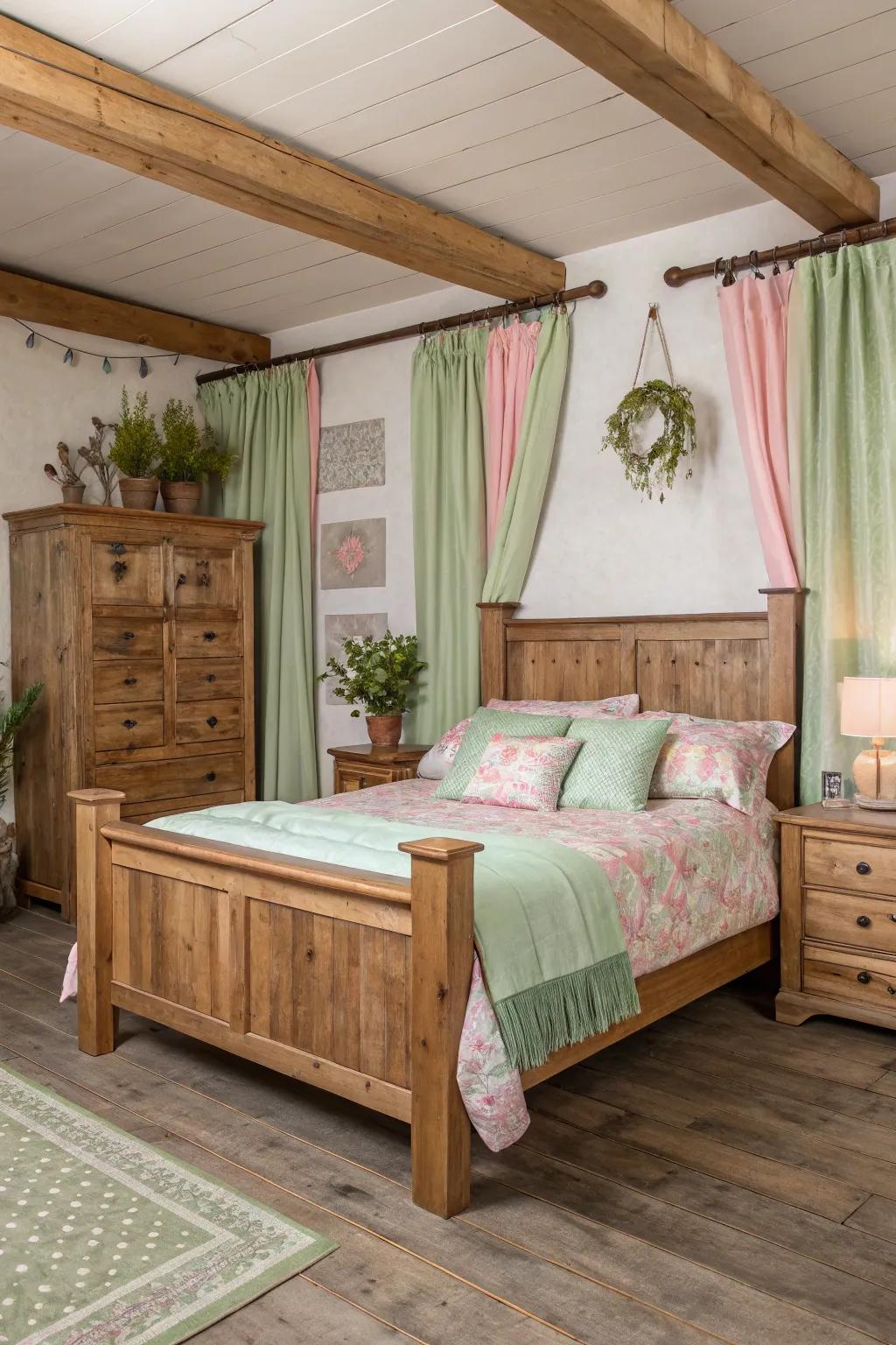 Rustic charm meets verdant and rosy hues in this snug bedroom setting.