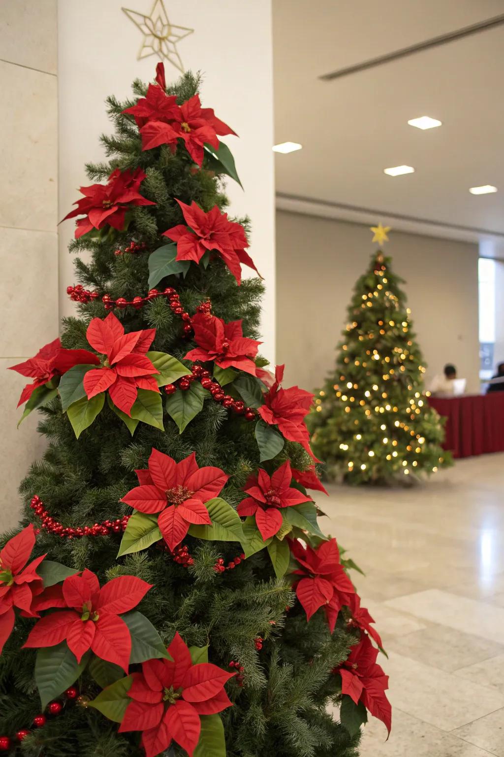 A festive Christmas tree adorned with red and green winter roses.