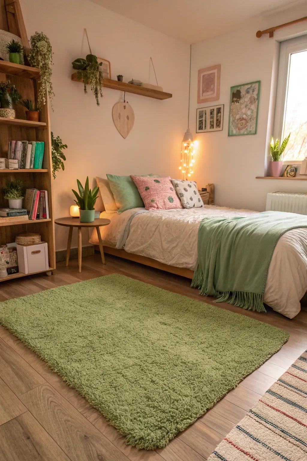 A green floor covering anchors the room and adds warmth.