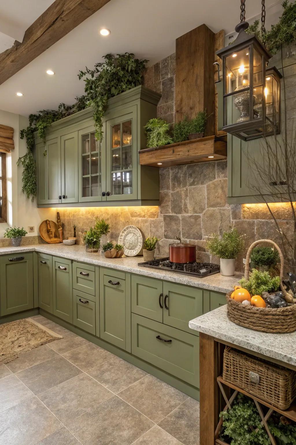 Earthy kitchen featuring moss green cabinets and natural materials.