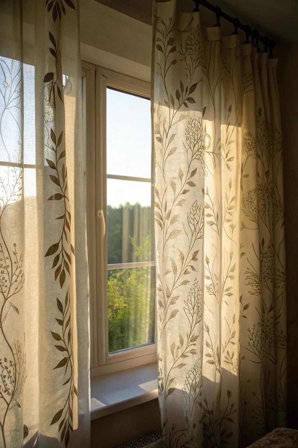 Leafy window treatments add a serene botanical touch.