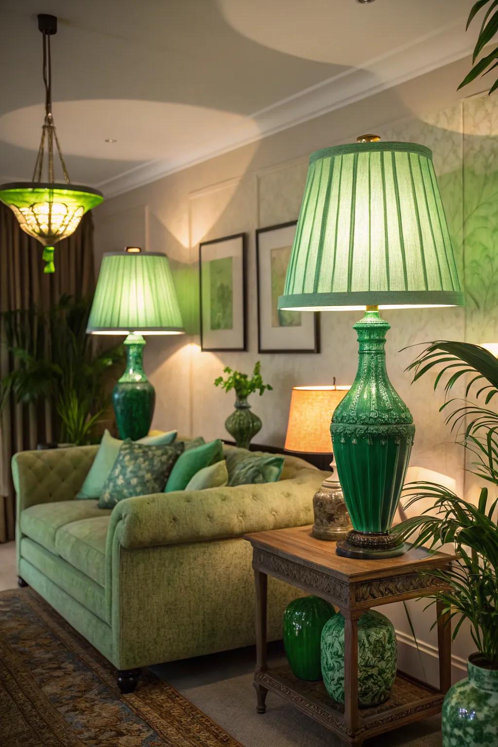 Green illumination contributes a distinctive radiance to your living room.