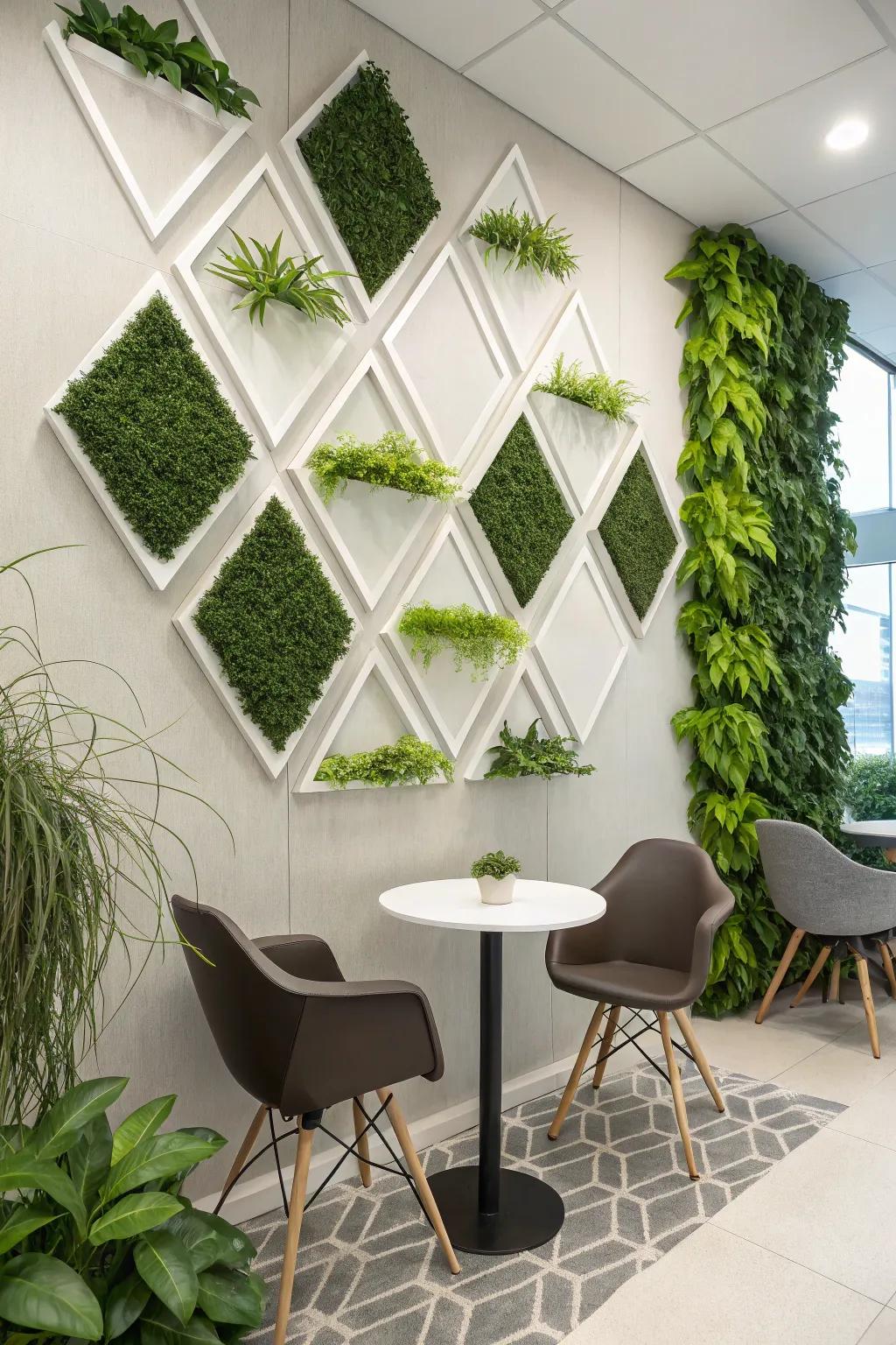 A wall where custom shapes and patterns turn greenery into art.