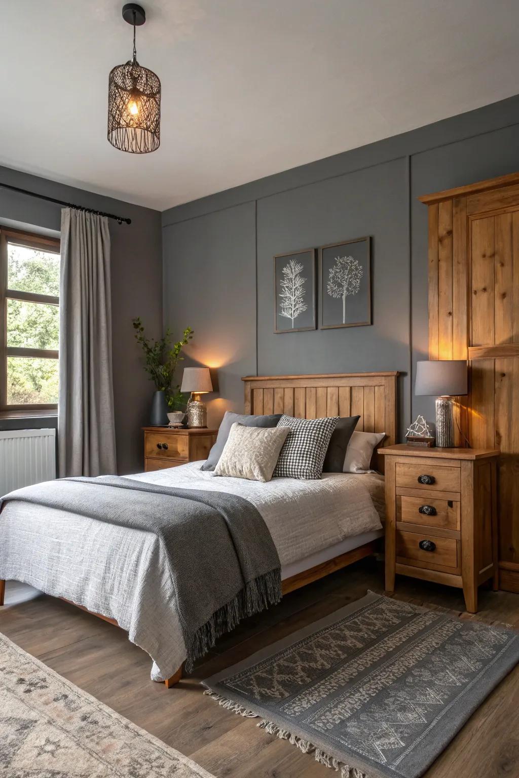 Toasty timber tones enriching a grey-painted statement wall.