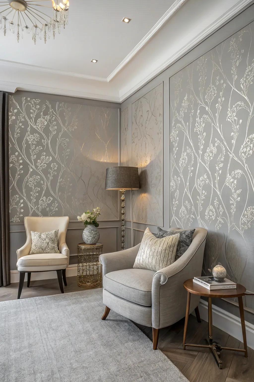 A grey wallpaper accent wall with subtle patterns.